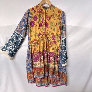Khaadi Boho Yellow Blue Pink Floral Tiered Ruffled Embroidered Blouse.  Sz 10